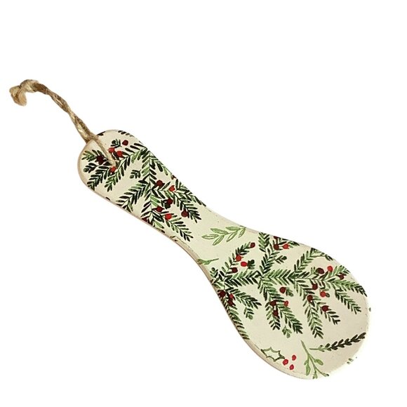 Ceramic Spoon Rest With Holiday Greenery & Berry Design 11” The Handmade Market - Picture 1 of 4